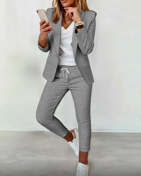 Houndstooth Pattern Double Breasted Blazer With Belt Dark grey