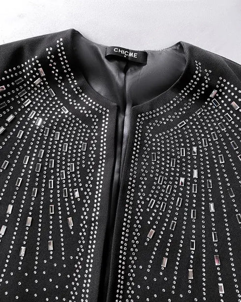 Rhinestone Decor Open Front Long Sleeve Coat Casual Crop Blazer Coat black