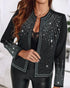 Rhinestone Decor Open Front Long Sleeve Coat Casual Crop Blazer Coat black
