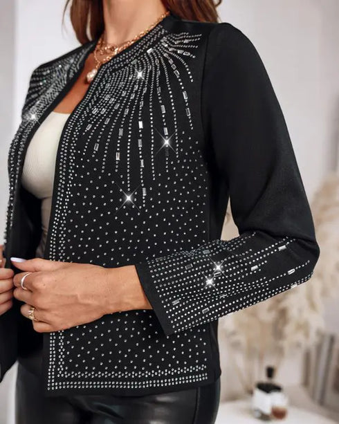 Rhinestone Decor Open Front Long Sleeve Coat Casual Crop Blazer Coat black