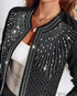 Rhinestone Decor Open Front Long Sleeve Coat Casual Crop Blazer Coat black