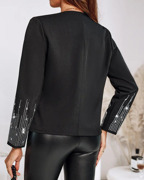 Rhinestone Decor Open Front Long Sleeve Coat Casual Crop Blazer Coat black