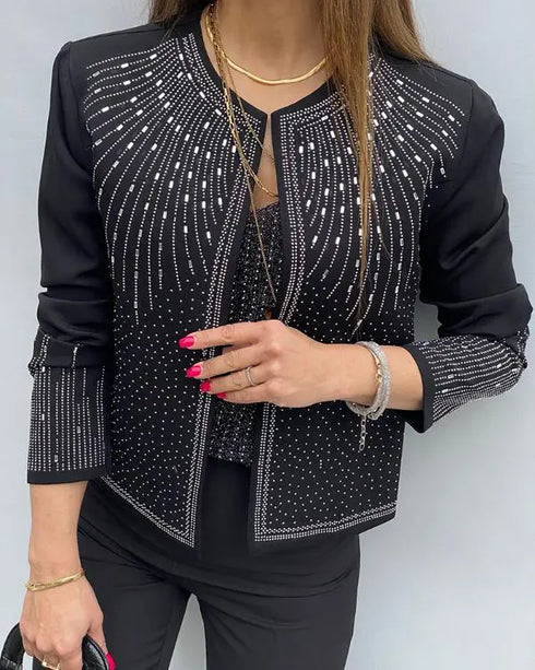 Rhinestone Decor Open Front Long Sleeve Coat Casual Crop Blazer Coat black