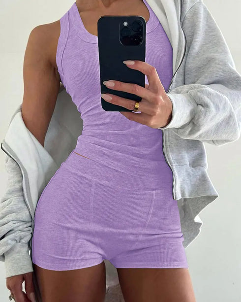 2 Pieces Outfit Graphic Print U-Neck Tank Top and Elastic Waist Shorts Set Casual Ribbed Pajamas Set light purple
