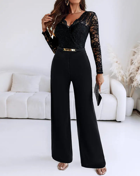 Off Shoulder Long Sleeve Eyelash Lace Spliced Slim Fit Overalls Casual Zipper Back Jumpsuit with Belt black