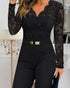 Rhinestone Decor Scallop Trim Deep V-Neck Floral Lace Spliced Overalls High Waist Zipper Back Straight Leg Jumpsuit with Belt black