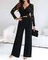 Off Shoulder Long Sleeve Eyelash Lace Spliced Slim Fit Overalls Casual Zipper Back Jumpsuit with Belt black