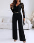 Rhinestone Decor Scallop Trim Deep V-Neck Floral Lace Spliced Overalls High Waist Zipper Back Straight Leg Jumpsuit with Belt black