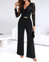 Rhinestone Decor Scallop Trim Deep V-Neck Floral Lace Spliced Overalls High Waist Zipper Back Straight Leg Jumpsuit with Belt black