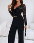 Off Shoulder Long Sleeve Eyelash Lace Spliced Slim Fit Overalls Casual Zipper Back Jumpsuit with Belt black