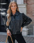 PU Leather Patchwork Contrast Sequin Snap Button Coat black