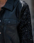 PU Leather Patchwork Contrast Sequin Snap Button Coat black