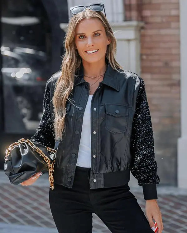 PU Leather Patchwork Contrast Sequin Snap Button Coat black