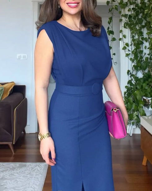 3D Polka Dot Appliques Mesh Lantern Sleeve Zipper Back Slit Work Dress Cinched Waist Slim Fit Mid-Length Dress With Belt blue