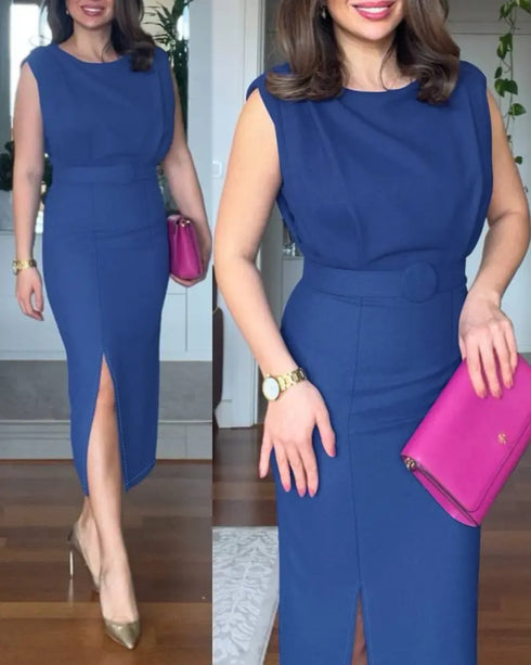 3D Polka Dot Appliques Mesh Lantern Sleeve Zipper Back Slit Work Dress Cinched Waist Slim Fit Mid-Length Dress With Belt blue