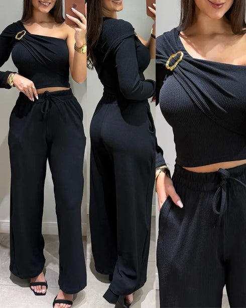 2 Pieces Outfit One Shoulder Metal Buckle Decor Long Sleeve Ruched Crop Top and Drawstring Elastic Waist Wide Leg Pants Set Casual Ribbed Set black