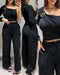 2 Pieces Outfit One Shoulder Metal Buckle Decor Long Sleeve Ruched Crop Top and Drawstring Elastic Waist Wide Leg Pants Set Casual Ribbed Set black