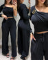 2 Pieces Outfit One Shoulder Metal Buckle Decor Long Sleeve Ruched Crop Top and Drawstring Elastic Waist Wide Leg Pants Set Casual Ribbed Set black
