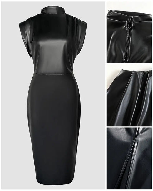 Cowl Neck Sleevless Slim Fit Sexy Ruched PU Leather Dress black