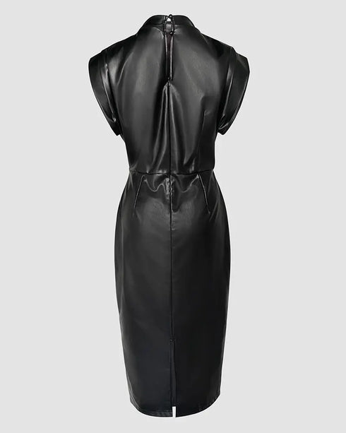 Cowl Neck Sleevless Slim Fit Sexy Ruched PU Leather Dress black