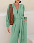 Deep V Neck 3D Design Tie Waist Ruched Overalls Casual Cinched Waist Zipper Back Textured Jumpsuit with Belt light green
