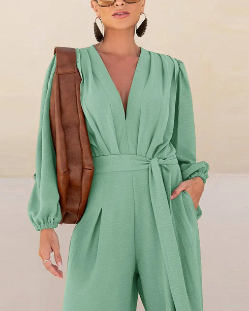 Deep V Neck 3D Design Tie Waist Ruched Overalls Casual Cinched Waist Zipper Back Textured Jumpsuit with Belt light green