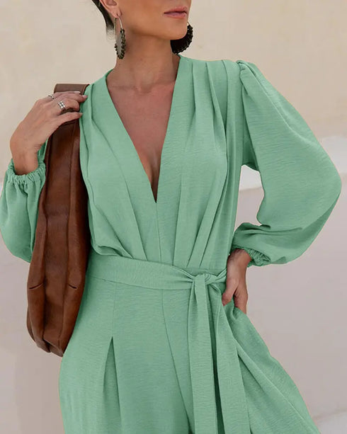 Deep V Neck 3D Design Tie Waist Ruched Overalls Casual Cinched Waist Zipper Back Textured Jumpsuit with Belt light green