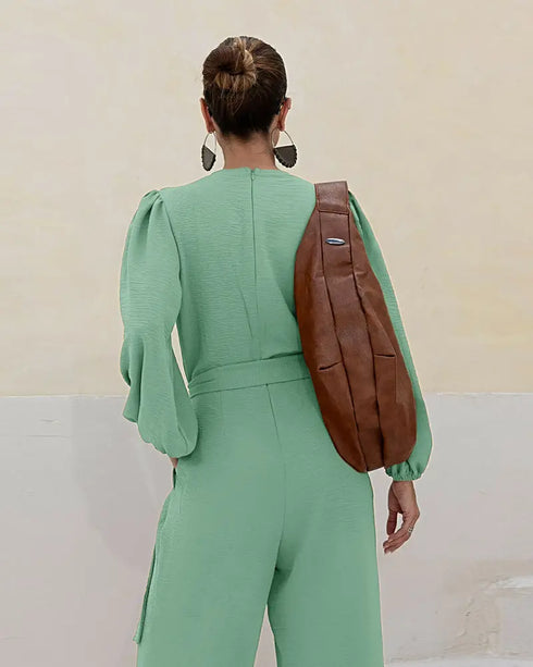 Deep V Neck 3D Design Tie Waist Ruched Overalls Casual Cinched Waist Zipper Back Textured Jumpsuit with Belt light green