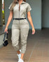 Turn-down Collar Short Sleeve Zipper Front Cuffed Short Jumpsuit Casual Pocket Design Cargo Romper with Belt khaki