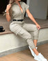 Turn-down Collar Short Sleeve Zipper Front Cuffed Short Jumpsuit Casual Pocket Design Cargo Romper with Belt khaki