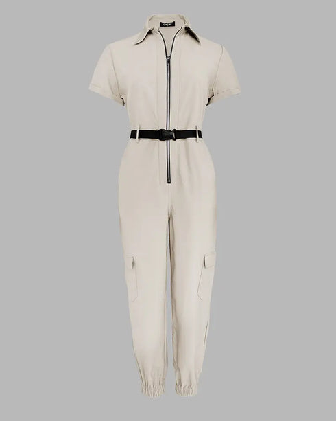 Turn-down Collar Short Sleeve Zipper Front Cuffed Short Jumpsuit Casual Pocket Design Cargo Romper with Belt khaki