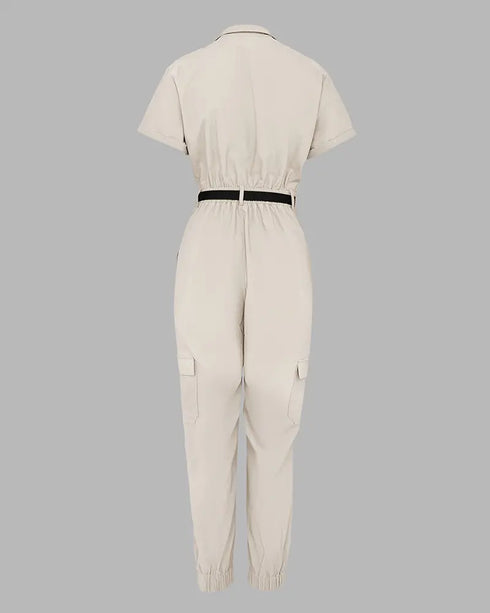 Turn-down Collar Short Sleeve Zipper Front Cuffed Short Jumpsuit Casual Pocket Design Cargo Romper with Belt khaki