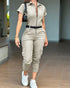 Turn-down Collar Short Sleeve Zipper Front Cuffed Short Jumpsuit Casual Pocket Design Cargo Romper with Belt khaki