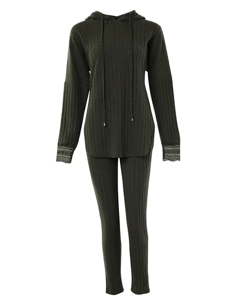 2 Pieces Outfit Drop Shoulder Lace Cuffs Asymmetrical Hem Drawstring Hoodie Top and Elastic Waist Slim Fit Pants Set Casual Brushed Ribbed Set Army green