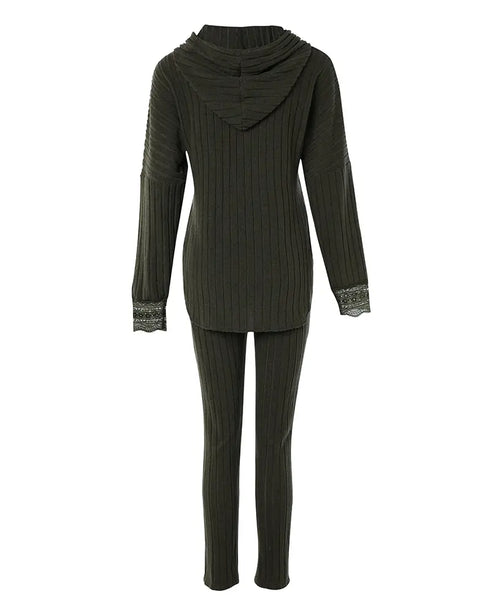 2 Pieces Outfit Drop Shoulder Lace Cuffs Asymmetrical Hem Drawstring Hoodie Top and Elastic Waist Slim Fit Pants Set Casual Brushed Ribbed Set Army green