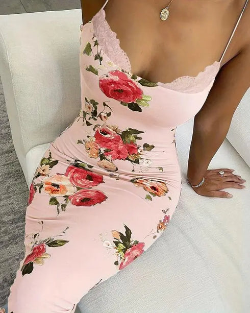 Lace Trim Spaghetti Strap Floral Print Dress light pink