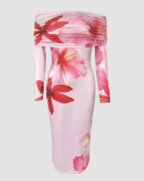 Metal Decor V-Neck Lace Spliced Three Quarters Sleeves Ruffles Design Evening Dress Zipper Back Slit Slim Fit Party Dress with Belt pink