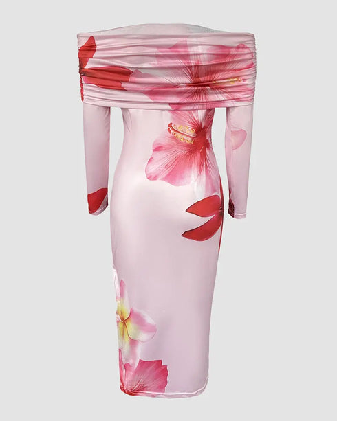 Metal Decor V-Neck Lace Spliced Three Quarters Sleeves Ruffles Design Evening Dress Zipper Back Slit Slim Fit Party Dress with Belt pink