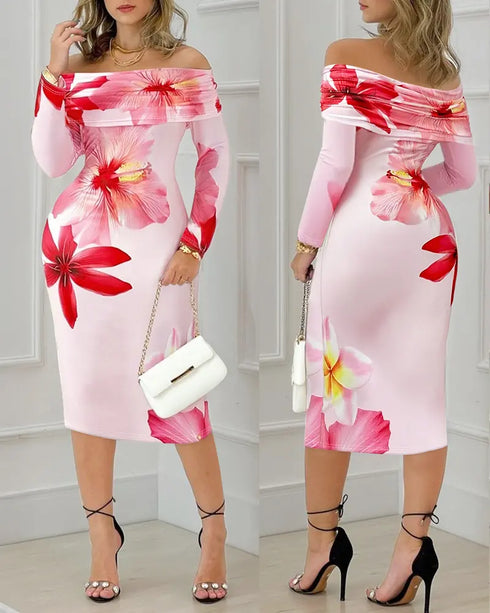 Metal Decor V-Neck Lace Spliced Three Quarters Sleeves Ruffles Design Evening Dress Zipper Back Slit Slim Fit Party Dress with Belt pink