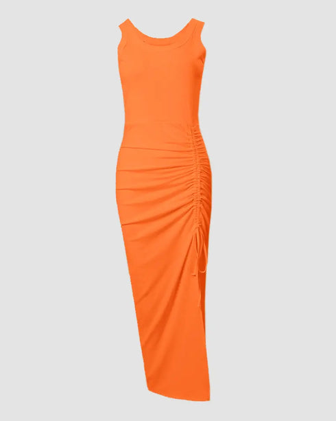 Side Slit Drawstring Ruched Bodycon Casual Sun Maxi Dresses Sleeveless Ribbed Tank Dress orange