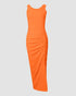 Side Slit Drawstring Ruched Bodycon Casual Sun Maxi Dresses Sleeveless Ribbed Tank Dress orange