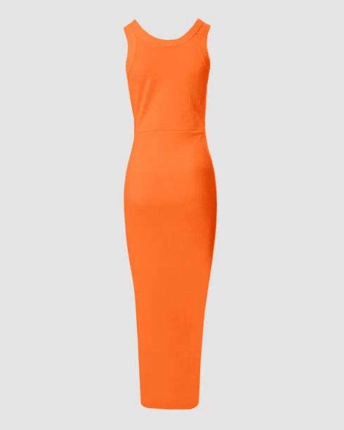 Side Slit Drawstring Ruched Bodycon Casual Sun Maxi Dresses Sleeveless Ribbed Tank Dress orange