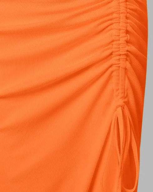Side Slit Drawstring Ruched Bodycon Casual Sun Maxi Dresses Sleeveless Ribbed Tank Dress orange