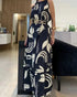 Plants Print Sleevless Hollow-out Back Tied Detail Maxi Dress Casual Ruffle Hem Vacation Dress without Belt black