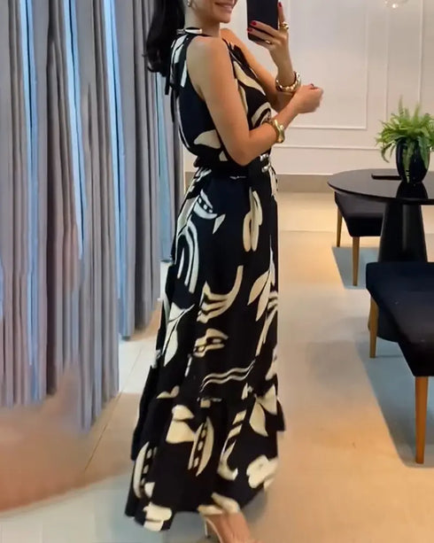 Plants Print Sleevless Hollow-out Back Tied Detail Maxi Dress Casual Ruffle Hem Vacation Dress without Belt black