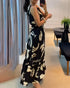 Plants Print Sleevless Hollow-out Back Tied Detail Maxi Dress Casual Ruffle Hem Vacation Dress without Belt black