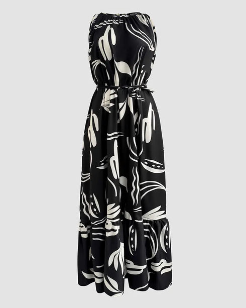 Plants Print Sleevless Hollow-out Back Tied Detail Maxi Dress Casual Ruffle Hem Vacation Dress without Belt black