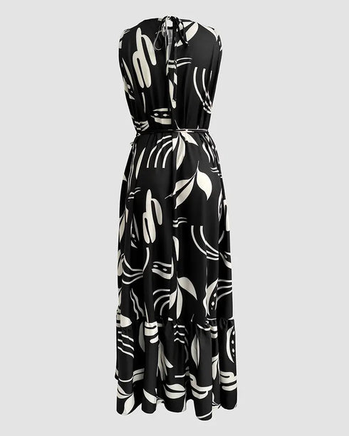Plants Print Sleevless Hollow-out Back Tied Detail Maxi Dress Casual Ruffle Hem Vacation Dress without Belt black