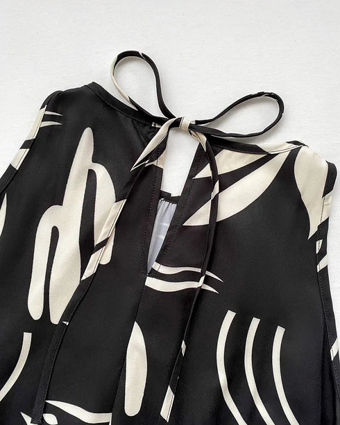 Plants Print Sleevless Hollow-out Back Tied Detail Maxi Dress Casual Ruffle Hem Vacation Dress without Belt black