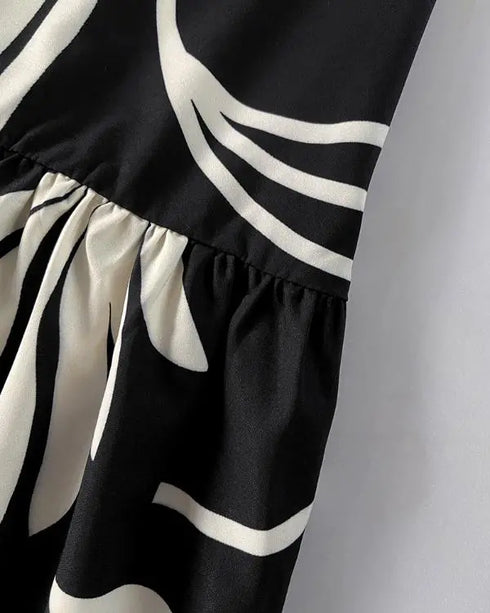 Plants Print Sleevless Hollow-out Back Tied Detail Maxi Dress Casual Ruffle Hem Vacation Dress without Belt black